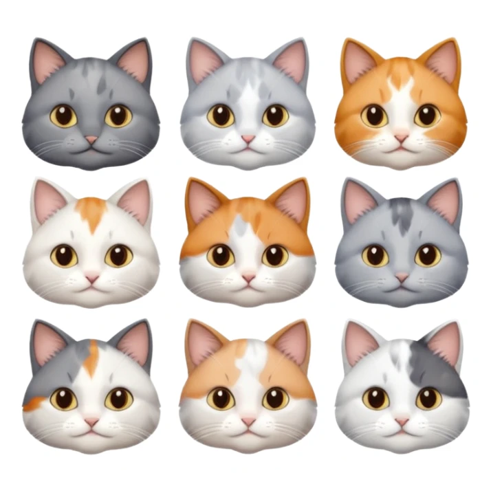 6 realistic looking cats with different natural coloured coats, assorted grey and white, greys, calico, brown and white colours etc
 sticker