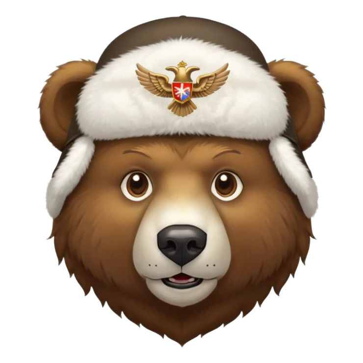 Brown bear head face wearing white fluffy ushanka with detailed Russian double-headed eagle emblem centered on front, iOS emoji style sticker