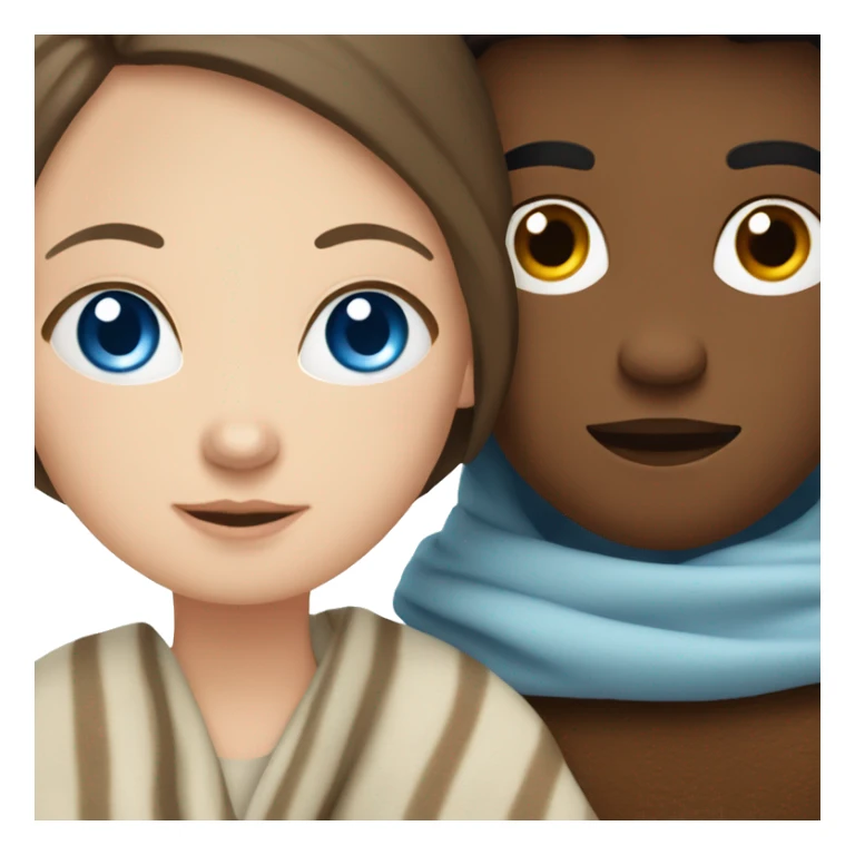 Brunette white girl with blue eyes in a blanket with brown  boy sticker