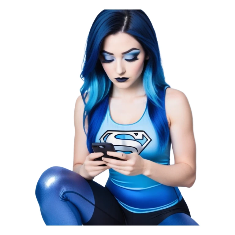 Shameful-head tilted-texting on phone-very very very large upper body-sexy face-bending forward at waist-very long very straight dark blue to light blue ombre hair-and-blue eyes-thick black eyeliner-thick long eyelashes-iridescent blue lowcut tanktop with black leggings with glitter superman logo sticker