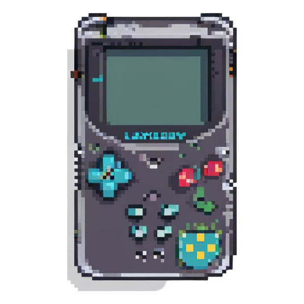 GameBoy, pixel art style, blocky and retro, limited color palette, clear buttons and screen, classic handheld shape sticker