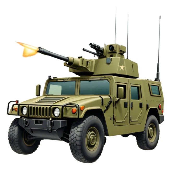 Humvee (2005) – Cinematic-realistic Humvee, its rugged olive-green frame bouncing over rough desert terrain. Soldiers grip their weapons tightly as the turret gunner scans the horizon, dust kicking up behind the armored vehicle under the blazing midday sun, with distant radio chatter crackling through the air. sticker