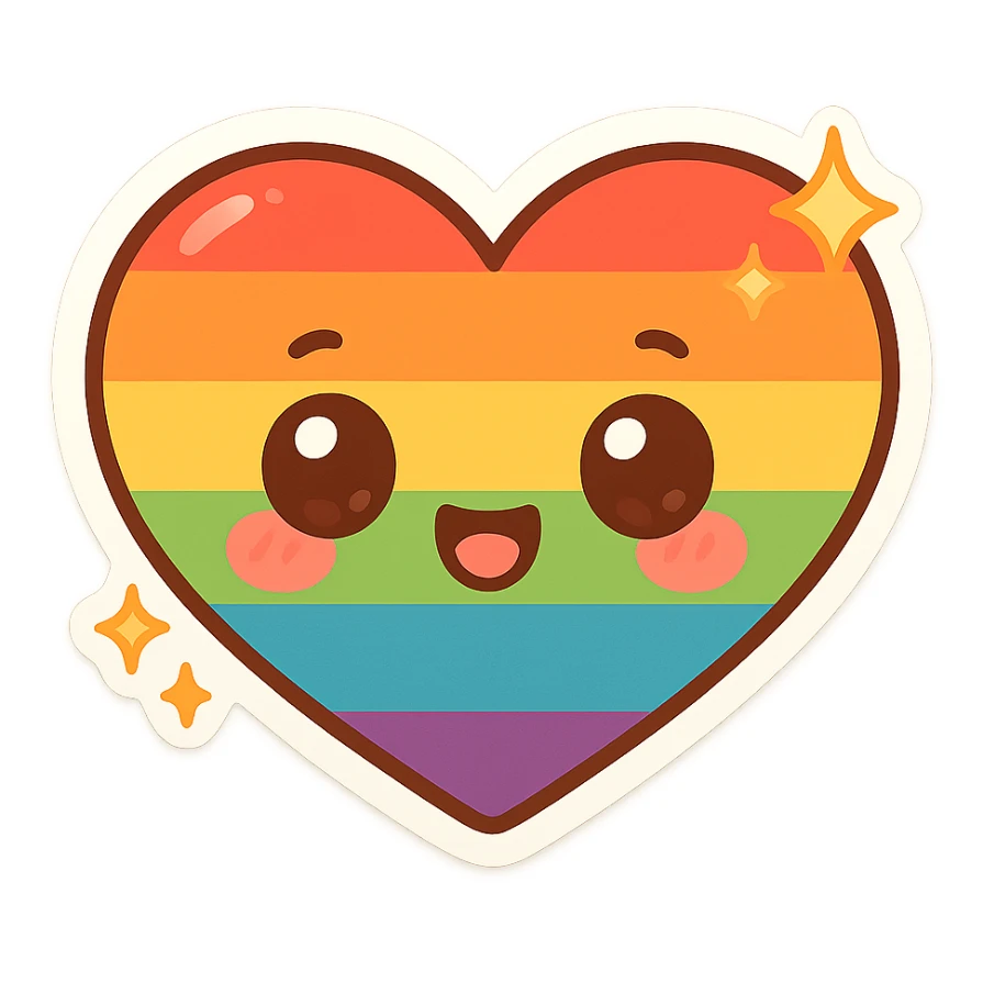 gay pride rainbow heart with cute face and sparkles, chibi style, bright and adorable sticker