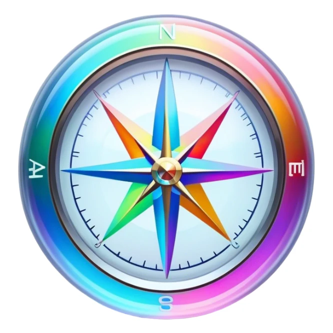 A glowing holographic compass with vibrant neon rainbow colors inside a crystal-clear sphere sticker