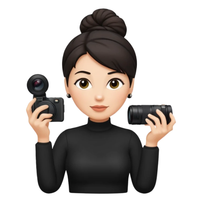 middle aged woman photographer with dark hair in a bun, wearing black clothes sticker
