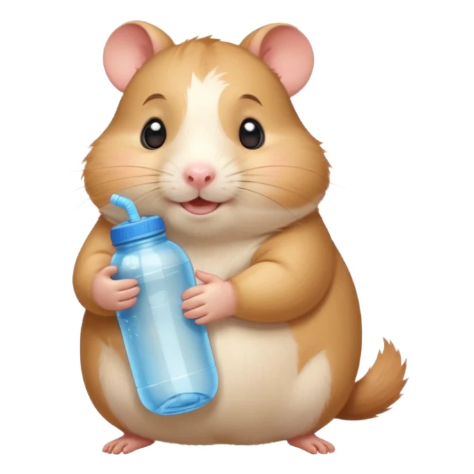 Cute chubby cartoon-style hamster hugging an oversized water bottle, sipping with tiny straw, happy expression. Painterly shading, expressive eyes, white background, sticker-style illustration sticker