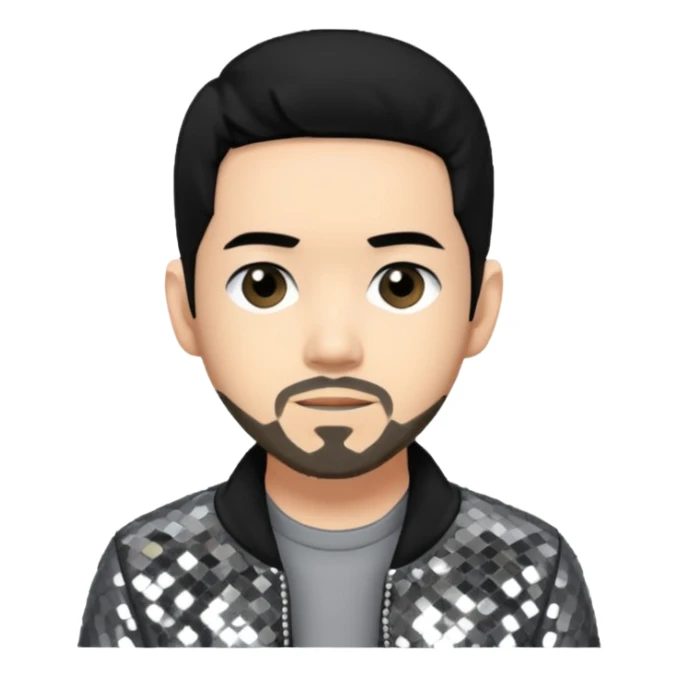 Mike Shinoda with jet black hair, gray sequin outfit sticker