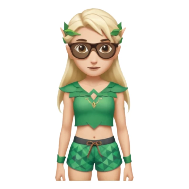 elf female legolas portrait, patterned board shorts (geometric/abstract), unique wooden-framed sunglasses, undercut hairstyle, slight smirk, visible pointy ears, no background, centered emoji, hipster summer vibe coctails sticker