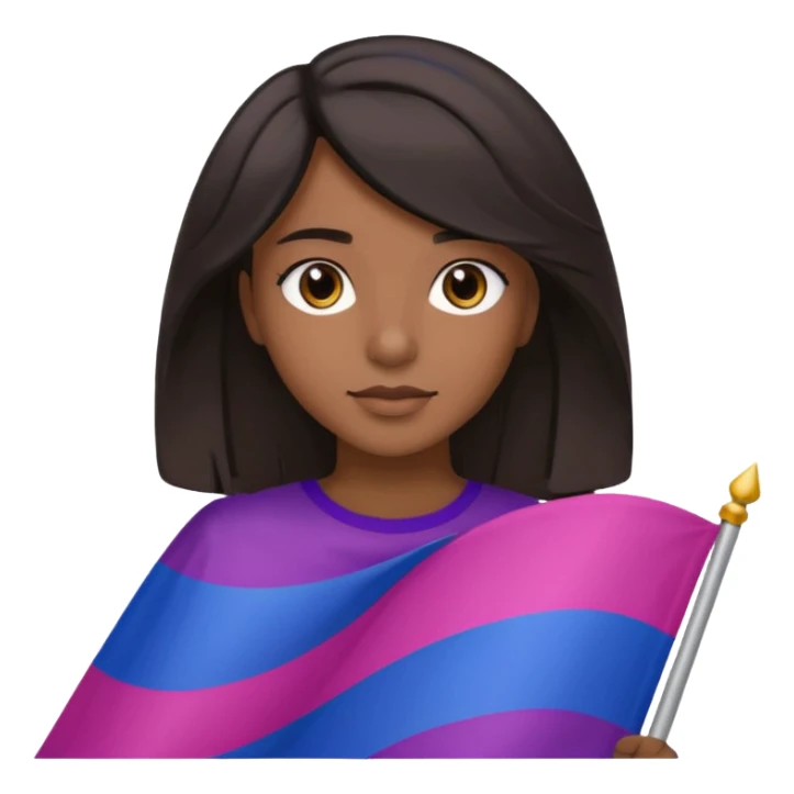 eu com a bandeira bissexual, sou parda, com cabelos negros que vão até a altura dos ombros levemente ondulados, olhos castanhos, sticker