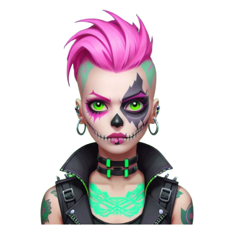 Cyberpunk female punk, pink mohawk, skull face tattoos, bionic neck, aggressive expression, neon green lighting sticker