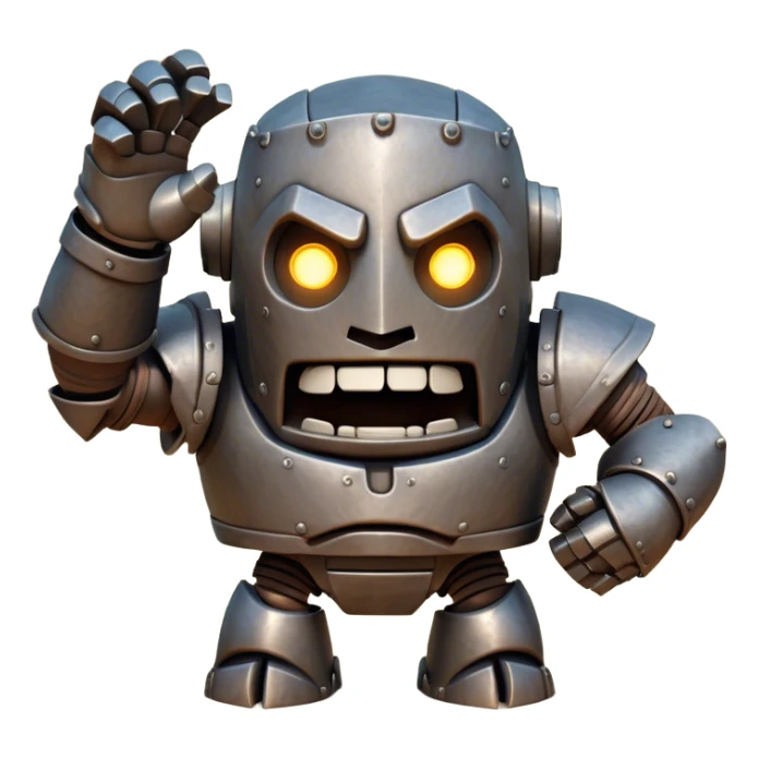 Cinematic Comical Mighty Iron Golem Portrait Emoji Head tilted dramatically with an exaggeratedly amused expression, featuring a bulky, armored form with a slightly lopsided stance, ancient runes flickering erratically, and one massive, jointed hand raised in a slow, deliberate wave. Wide, expressive glowing eyes give it an almost humorous, puzzled look, as if it’s contemplating something far beyond mortal understanding. Rendered with detailed metallic textures and deep, dynamic lighting, high shine, dramatic yet whimsical, styled with a hint of unexpected charm, soft glowing outline, capturing the essence of an endearing yet colossal guardian that looks ready to crack an impossibly slow, earth-shaking joke! sticker