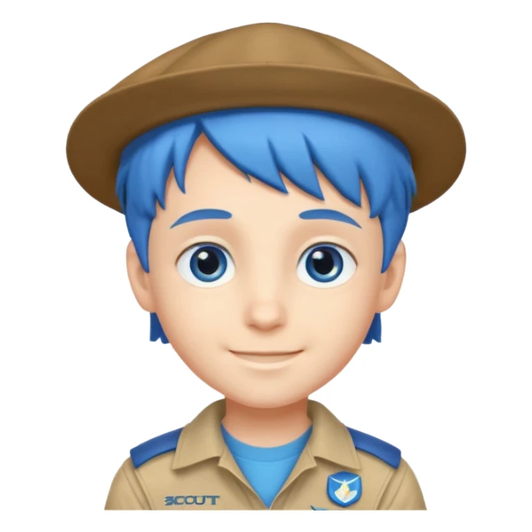 very handsome boy big blue eyes, scout boy with, blue hair and hat sticker