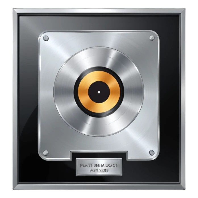 A platinum music award plaque: a square, polished platinum plate with a subtly textured, mirror-like finish, mounted on a simple dark metal base. The center features a relief of a or stylized vinyl record in a slightly darker metallic tone.  sticker