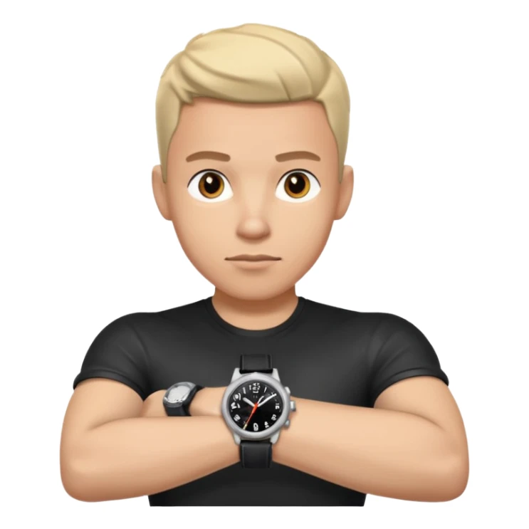 man wearing a black strap watch on his wrist portrait, head and shoulders only, wrist clearly visible, black leather strap watch worn on arm, confident expression, 3D cartoon, mobile game icon style, clean background, no text, no watermark
 sticker