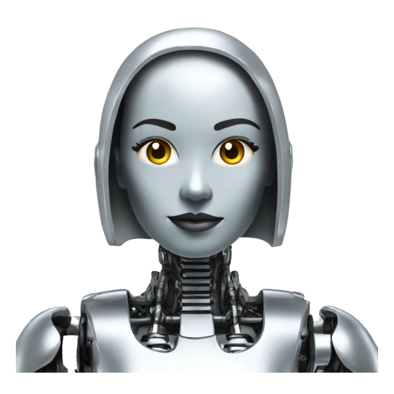 Create a bald female robot in chrome metal color in a futuristic environment sticker