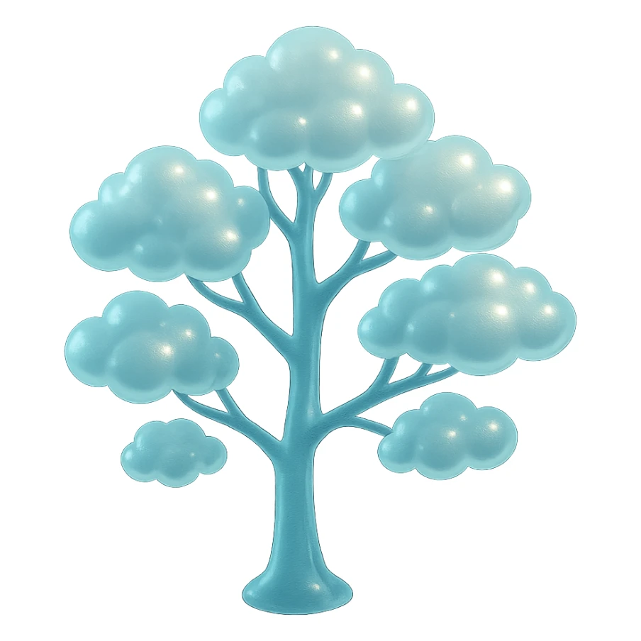 one tree with many branches and a white trunk, crown made of small very bright white fluffy convex clouds, matte glass style sticker