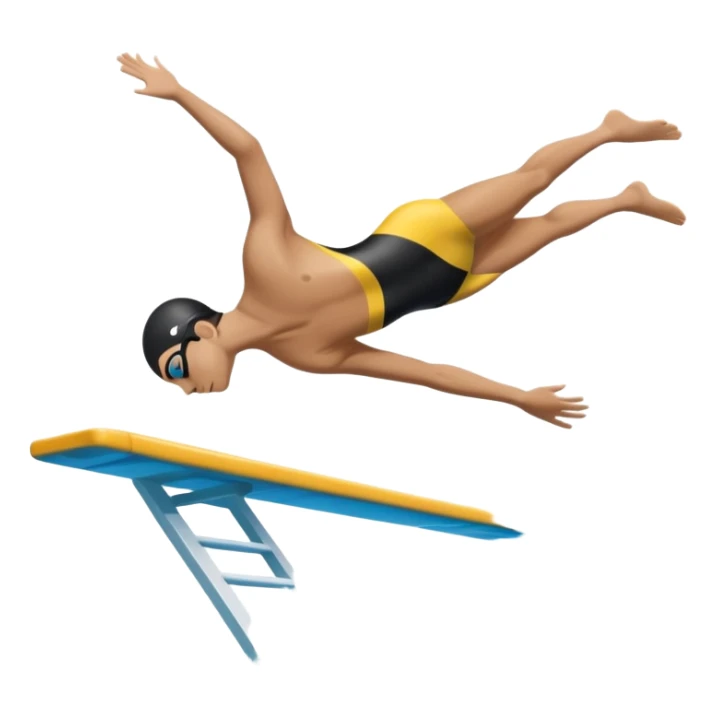 An icon showing a diver captured mid-air in a graceful pose above a pool, with a diving board behind and water below. Splash trails and motion lines emphasize precision and elegance. Transparent background highlights the beauty and focus of competitive diving. sticker
