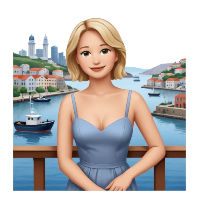 jennifer lawrence, closeup portrait , leaning on a balcony with a harbor and cityscape in the background, smiling sticker