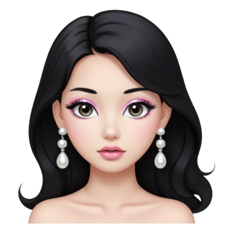 asian long voluminous black hair silver grey eyes glossy lips glittery white and light pink eyeshadow girl pearl earrings sticker