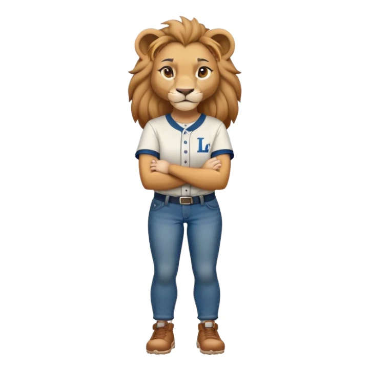determined anthropomorphised female lion in a baseball shirt and jeans with arms folded, confident stance sticker