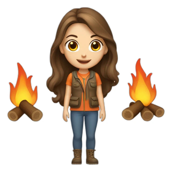 caucasian female camper with long brunette hair and campfire sticker