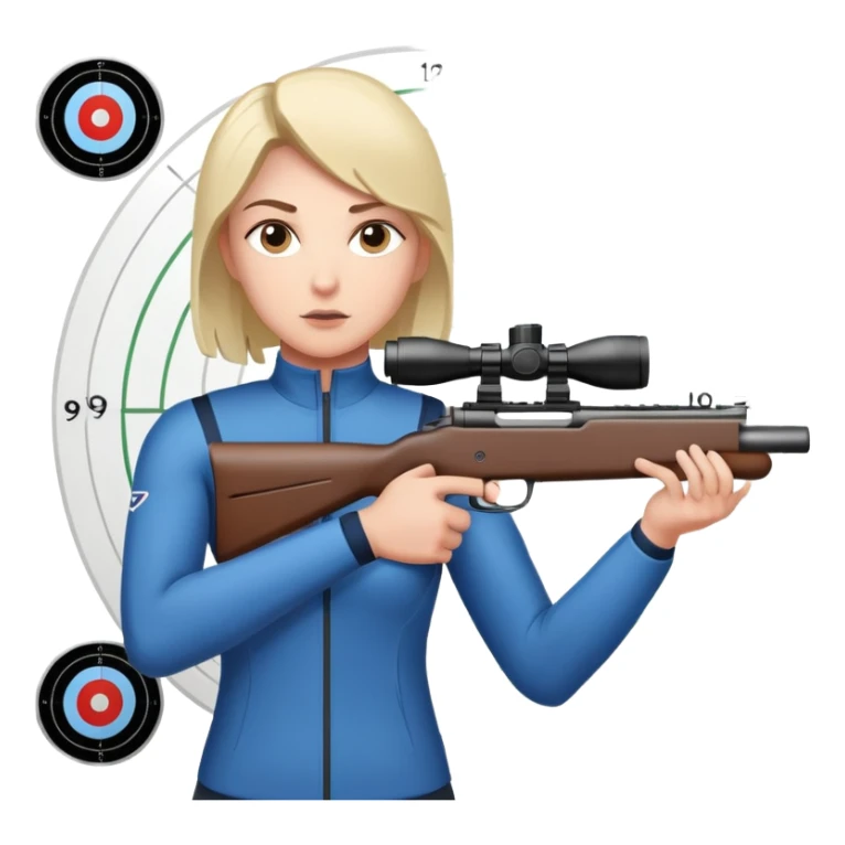 An athlete in shooting stance, focused on the target, holding a precision rifle. The background features a shooting range with targets set at various distances, highlighting control, concentration, and accuracy in the sport of competitive shooting. sticker