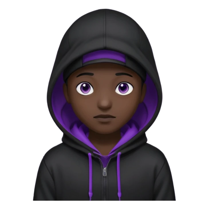 Cartoon blacked character related to a shadow, with all black clothes, focusing a hoodie with his cap on, no visible face because of the darkness, just his purple shadow eyes making a light bloom sticker