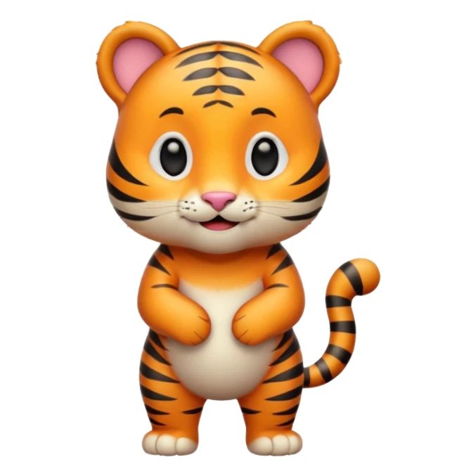 Cute tiger emoji, full body, standing pose, smiling face, big round eyes, orange fur with black stripes, chubby and adorable, short legs, small ears, 3D emoji style, smooth shading, bright colors, simple clean design, transparent background sticker