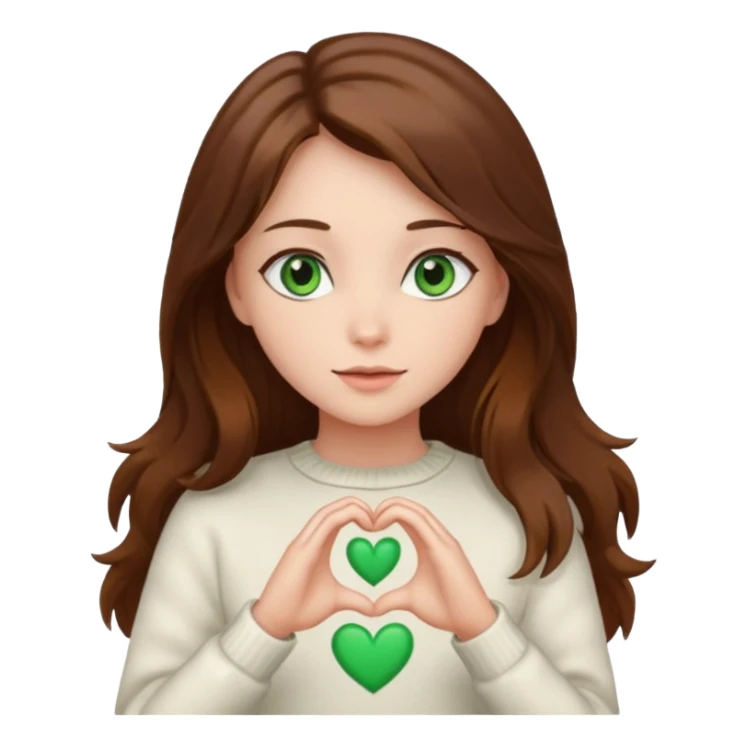 Girl green eyes brown long hair white warm sweater doing hands heart sticker