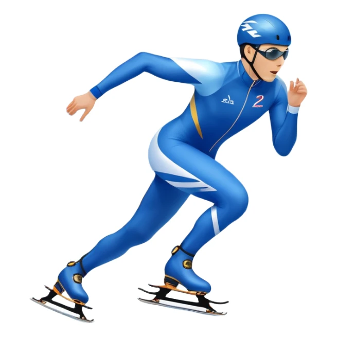 An icon showing a speed skater gliding on a professional oval ice track, captured in mid-motion with aerodynamic posture and sleek skates. The background features snowy mountains, flags, and a clear blue sky. Transparent background reflects the speed and elegance of the sport. sticker