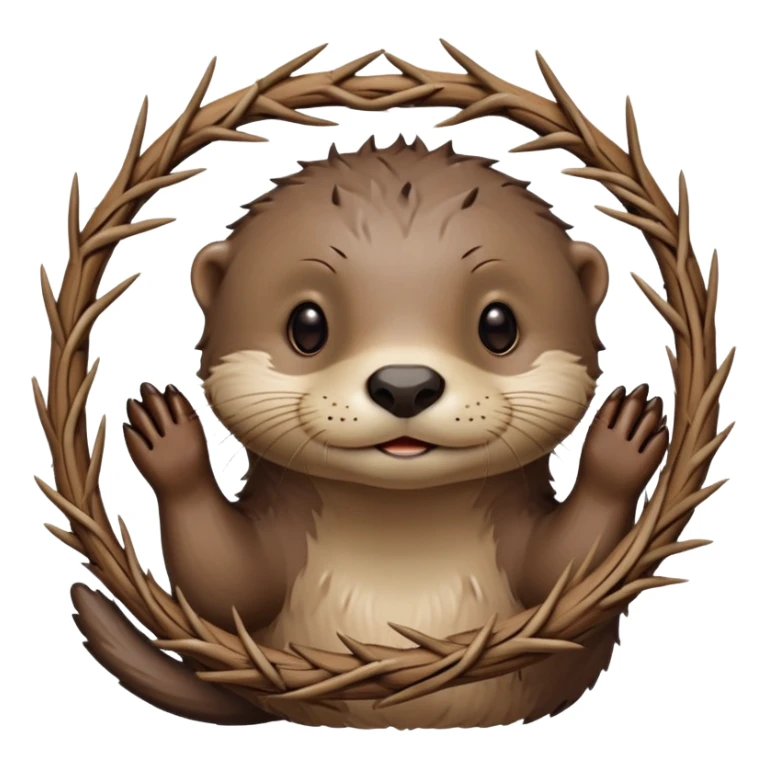 cute otter portrait with thin horizontal thorny branch circling only the forehead, exactly like Jesus Christ's Crown of thorns, no crown shape on top, no metal, just a single wooden thorny stem wrapped horizontally sticker