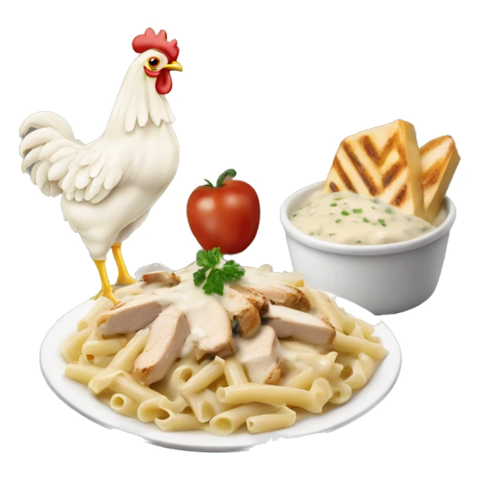 Chicken Alfredo pasta with white crème sauce and grilled chicken on top sticker