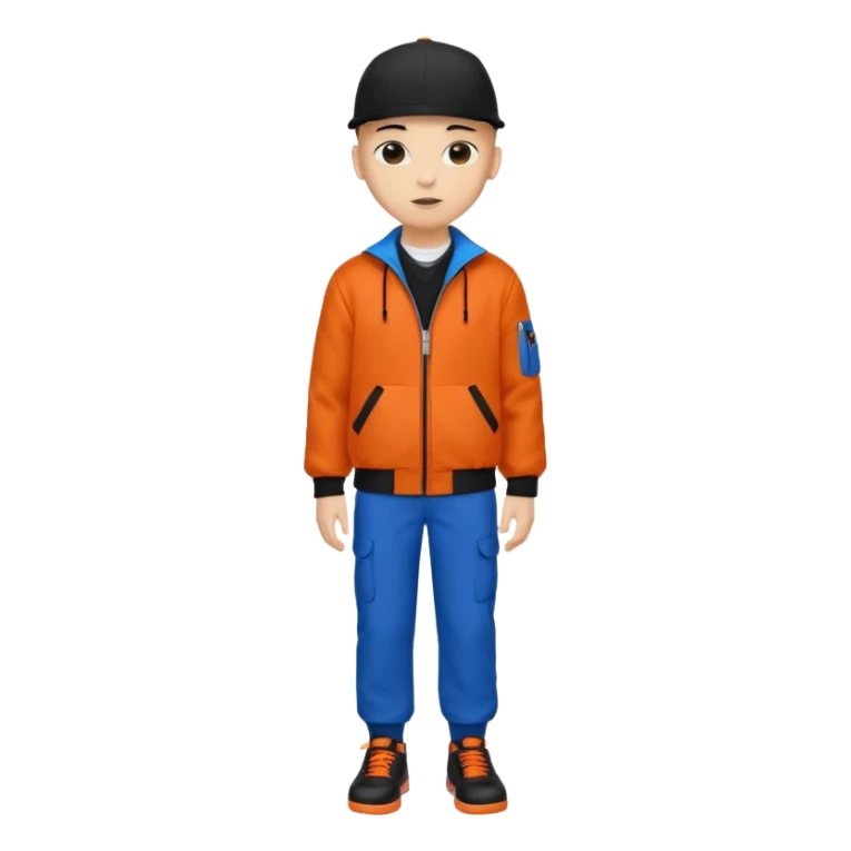 bald 16 year old wearing a black cap and a orange jacket but the collar is a letter v connecting until the bottom and the outline is black and black pocket and blue pants with red pockets and black shoes sticker