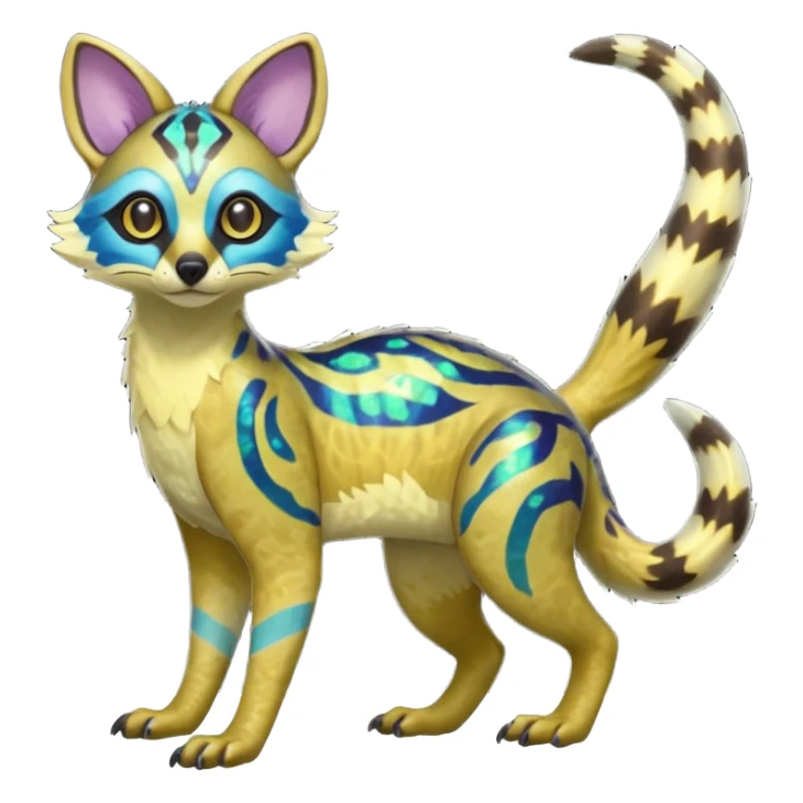 Rare realistic neon-colored iridescent shiny warm-colored lush tropical exotic cute edgy epic pretty beautiful handsome gorgeous aesthetic colorful vibrant Vernid-Protogen-Primagen-Wickerbeast-Genet-Trico-species-Fakemon-hybrid-creature by LiLaiRa, beautiful intricate markings, full body sticker