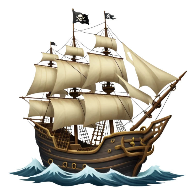 An icon representing an adventure game, inspired by high-seas exploration. The design features a fearless pirate gripping the wheel of a grand sailing ship, its tattered Jolly Roger flag billowing as it cuts through stormy waters. The scene evokes danger, treasure, and the thrill of the open sea. Transparent background. sticker