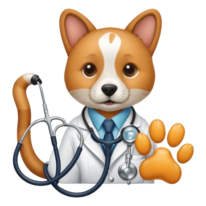 An icon featuring a stethoscope, a microscope, and an animal paw print, symbolizing veterinary science. The design includes a dog and a cat in the background, representing animal health research, diagnostics, and treatments. Transparent background highlights the scientific study of animal care. sticker