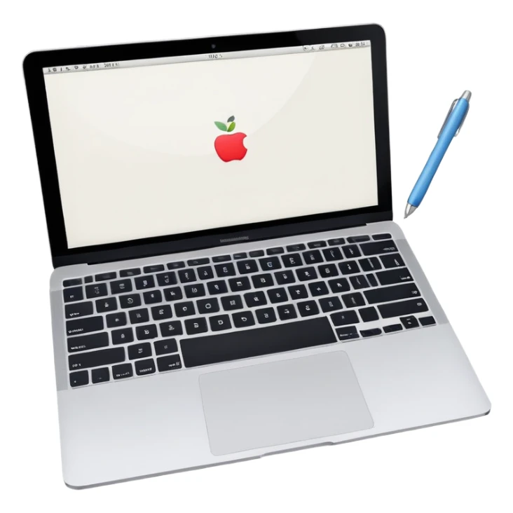top view of a MacBook and a notebook with a pen nearby sticker