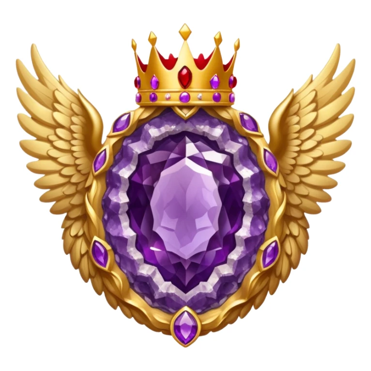 Big amethyst geode with red rubby dots inside award-in-frame-decorated-with-big-golden-angel--wings and crown sticker