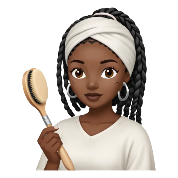  A dark-skinned Black woman with black box braids, wearing a headband, applying a face mask, holding a skincare brush. sticker