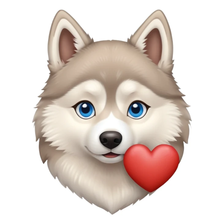 Beige husky with blue eyes holding a brown heart sticker