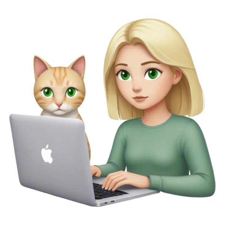 Blonde girl green eyes with apple MacBook and a cat sticker