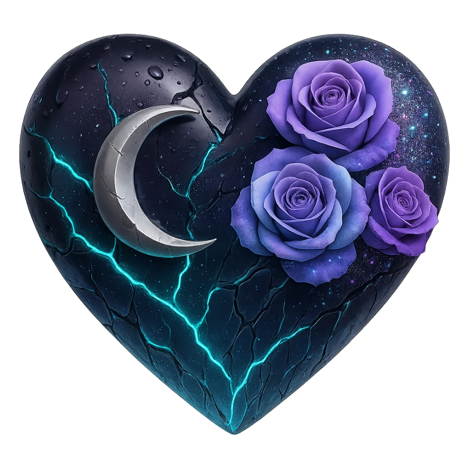Create a gothic heart made of aurora glass with a silver crescent moon, gradient roses, holographic stardust, neon teal lightning, drenched and splintered glass. The style should emulate the 3D emoji style but since 3D emoji style does not support editing, use a general style that captures the look and feel of 3D emoji style. The background should be transparent. sticker