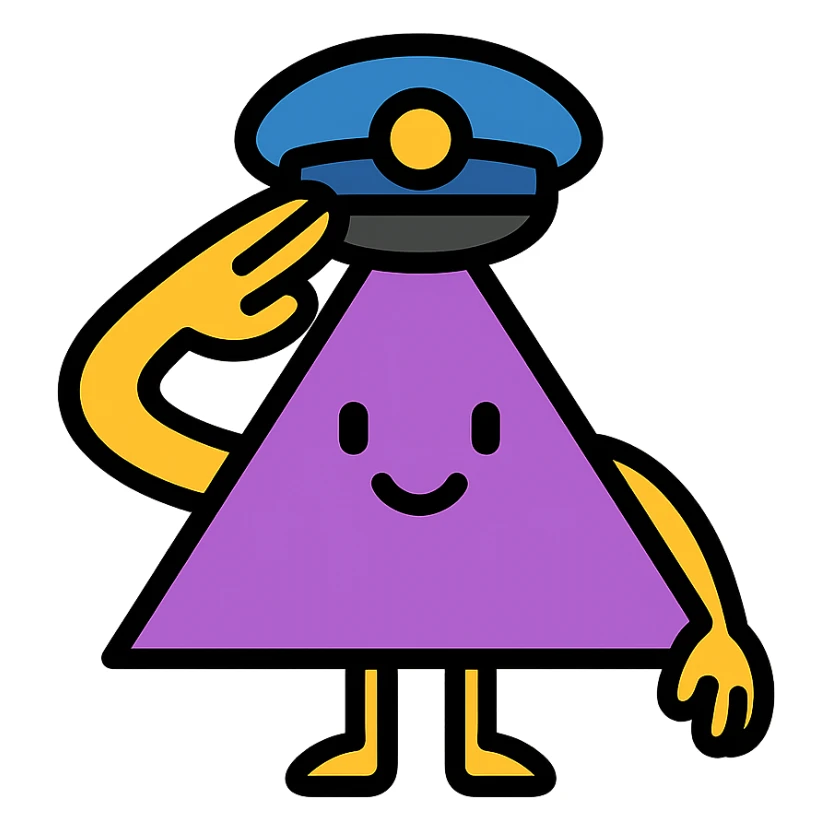 A magical isosceles triangle that is smiling and saluting with a cap sticker