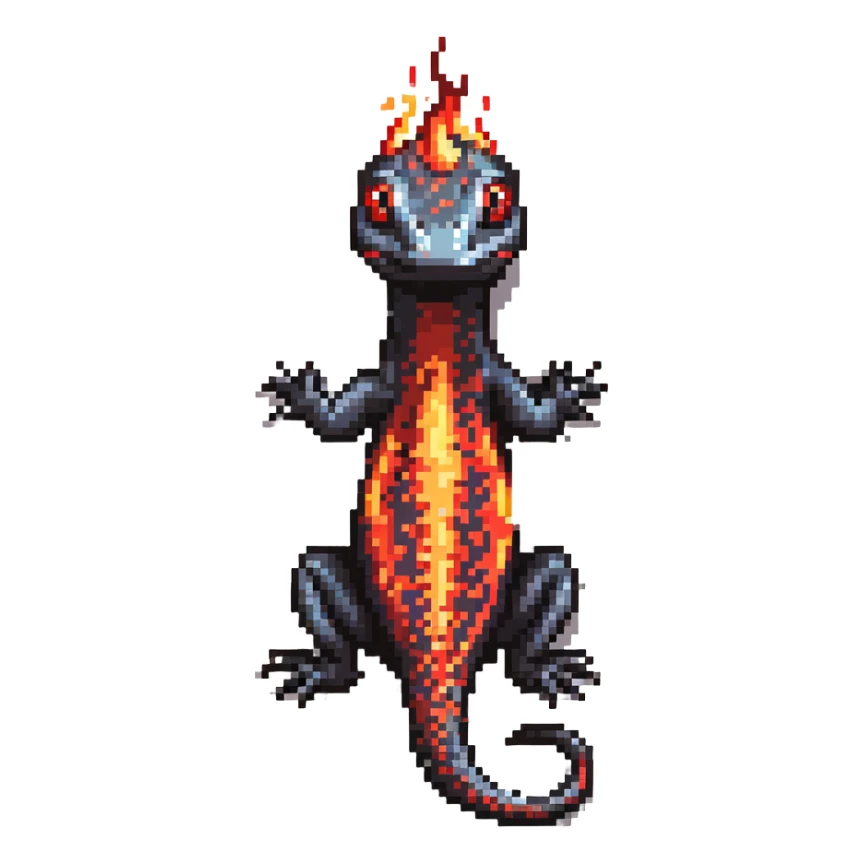 Black salamander with bright red flame-like patterns on its scales, fiery design sticker