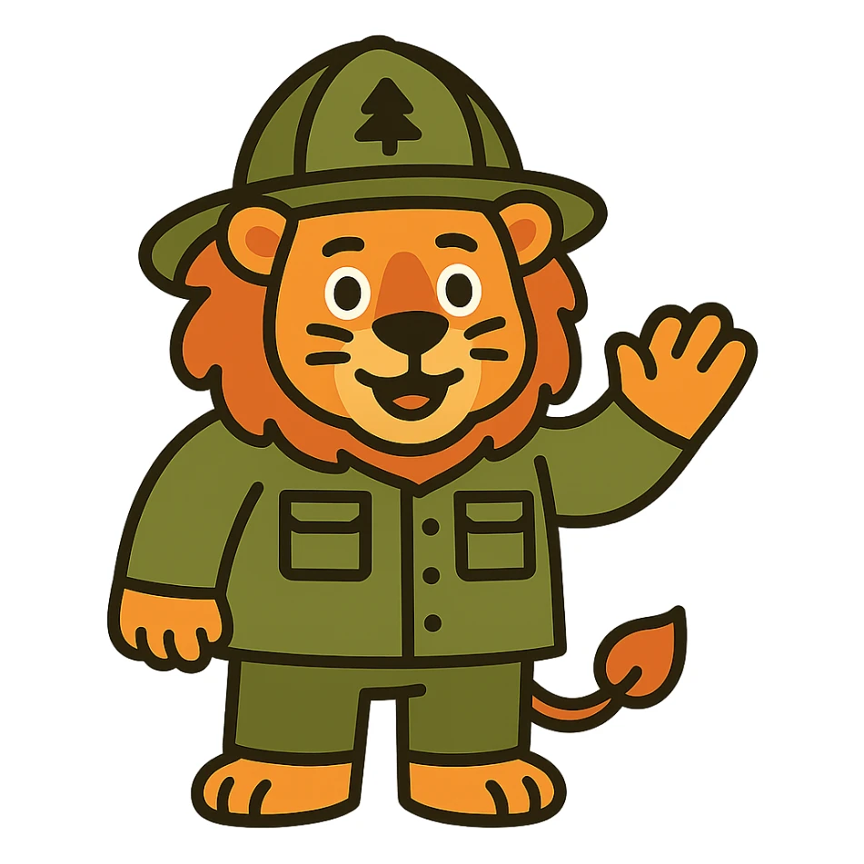 Change the fireman uniform to a forest firefighter outfit, keep the lion friendly, no background. sticker
