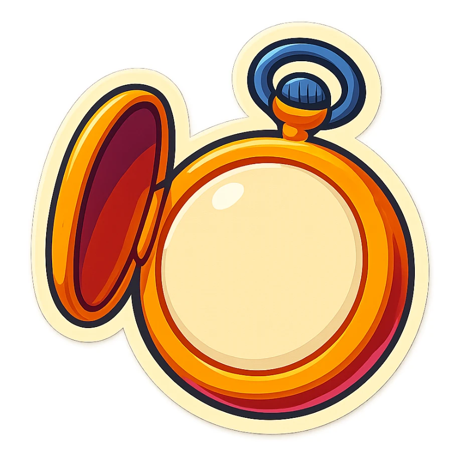 open pocket watch, blank face, no hands or numbers, retro sticker style sticker