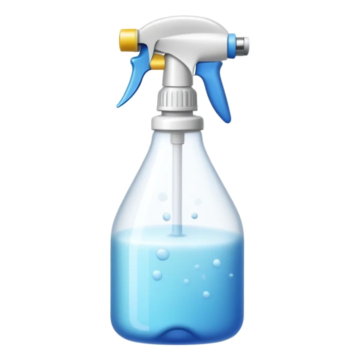 An emoji of a spray bottle actively spraying mist. A fine mist of tiny particles is visible in the air as the nozzle releases the spray. Can resemble a perfume, cologne, or cleaning product. Transparent bottle with a trigger or press nozzle, slightly tilted while spraying sticker