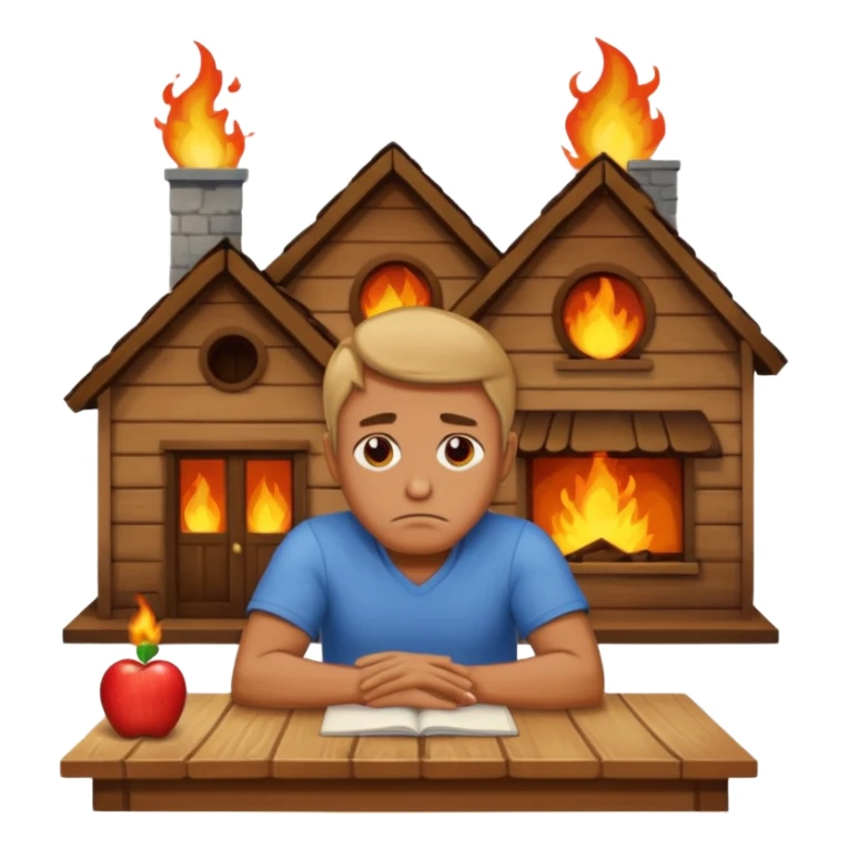 a man sits sadly at a table, with a burning house behind him, apple style emoji sticker