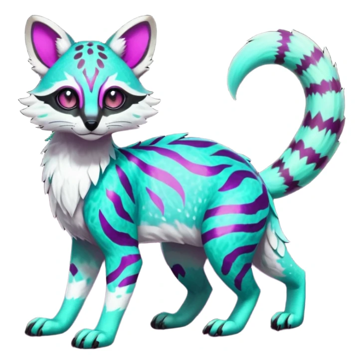 Rare realistic neon-colored iridescent shiny warm-colored lush tropical exotic cute epic pretty beautiful handsome gorgeous aesthetic colorful vibrant Vernid-Protogen-Primagen-Wickerbeast-Genet-Trico-species-Fakemon-hybrid-creature by LiLaiRa, beautiful intricate markings, full body sticker
