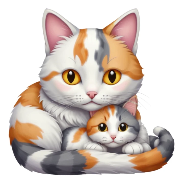 grey and white cat cuddling a colourful light patched calico + white tabby cat sticker